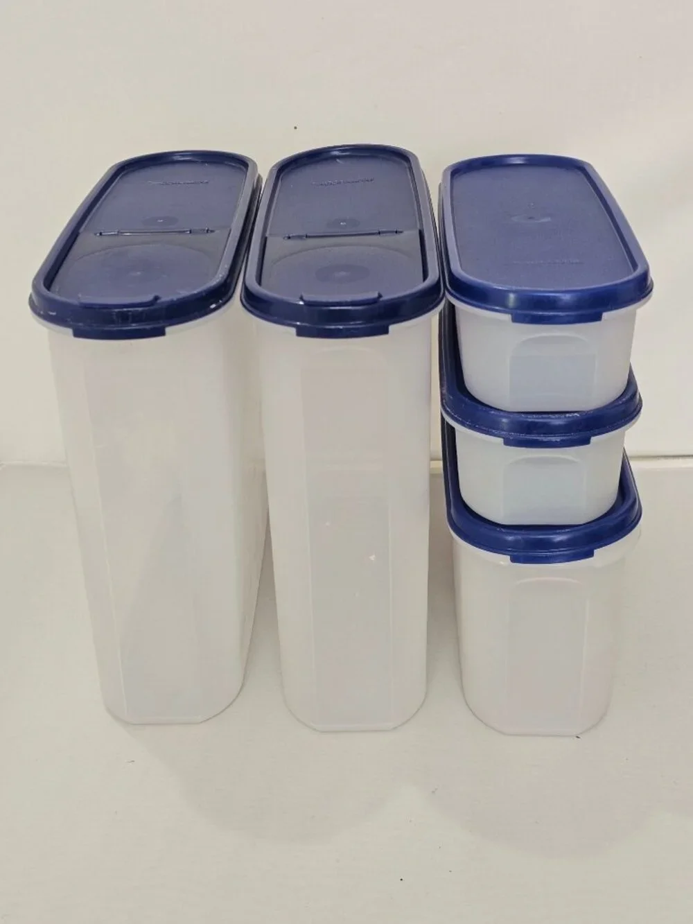 Vintage Tupperware Modular Mates Super Oval Set 5, Dark Blue Lids Stackable Pant